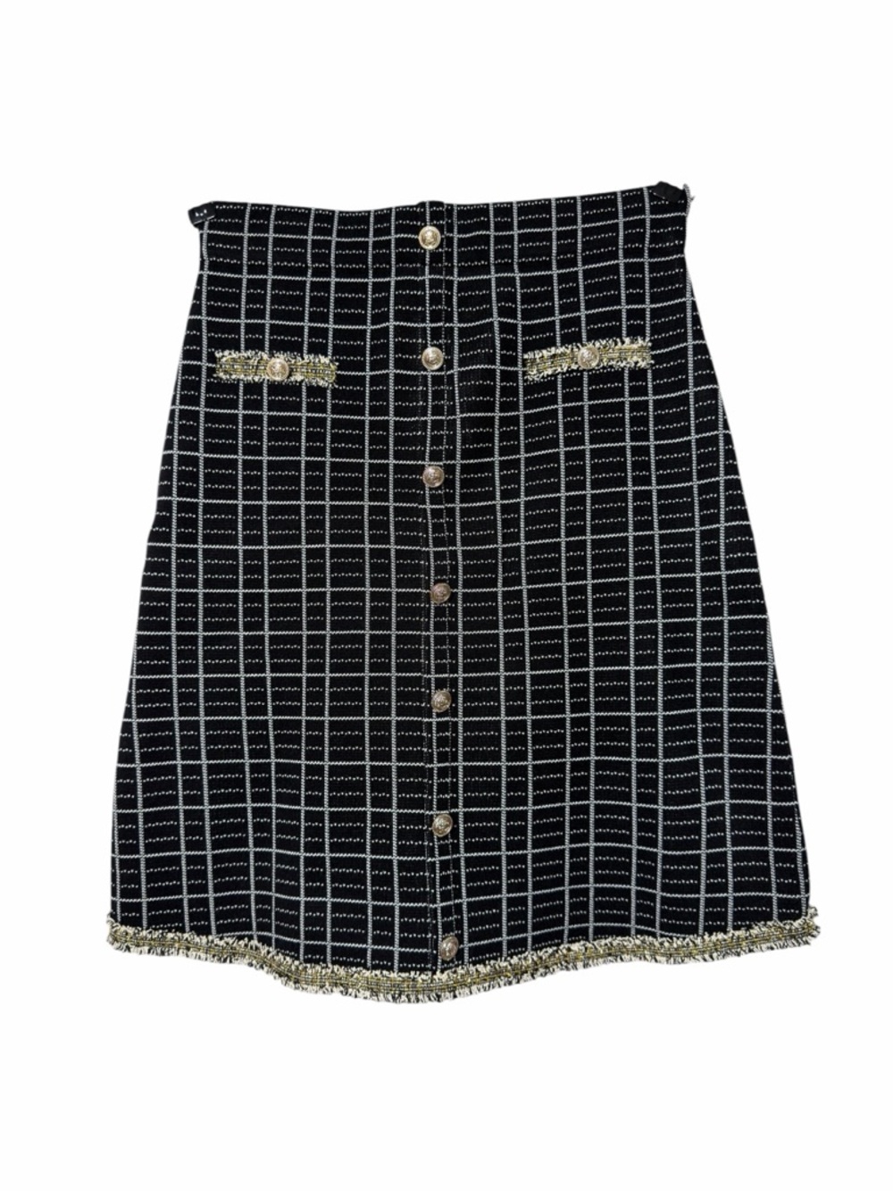 NWT Nanette Lepore Black White Grid Knit Mini Skirt Gold Buttons Fringe M